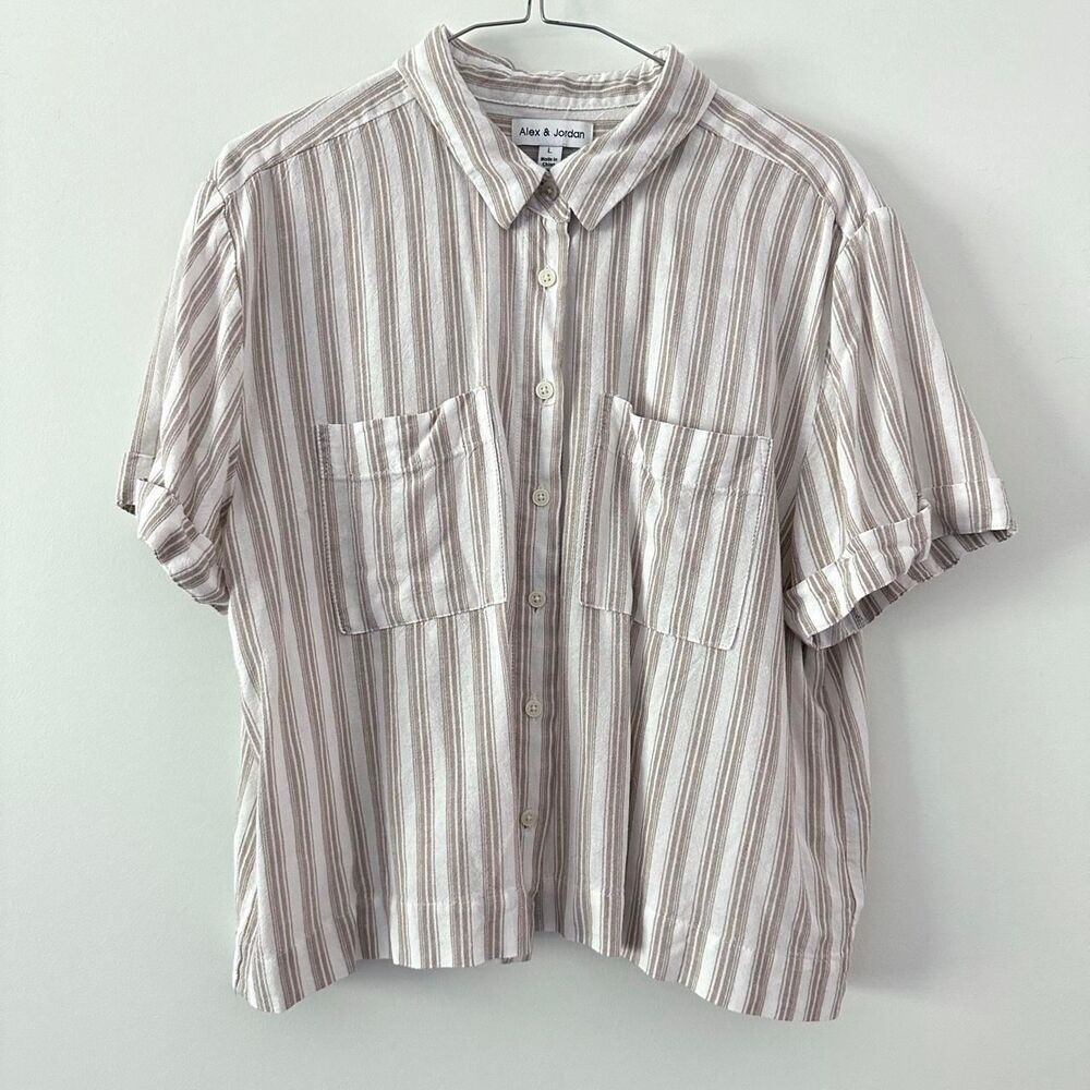 Alex & Jordan Cropped Button Down Top Women Large Cotton Linen Casual Earthy